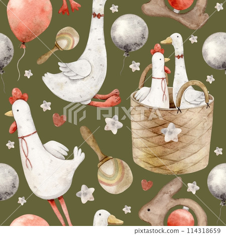 Watercolor pattern with baby toys, plush goose and rooster, balloons, wooden rattles and basket on a green background. Isolated hand drawn illustration for children's interior, cards, textile, design. Watercolor pattern with baby toys, plush goose and rooster, balloons, wooden rattles and basket on a green background. Isolated hand drawn illustration for children's interior, cards, textile, design. 114318659
