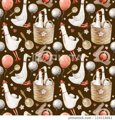 Watercolor pattern with baby toys, plush goose and rooster, balloons, wooden rattles and basket on a brown background. Isolated hand drawn illustration for children's interior, cards, textile, design. Watercolor pattern with baby toys, plush goose and rooster, balloons, wooden rattles and basket on a brown background. Isolated hand drawn illustration for children's interior, cards, textile, design. 114318661