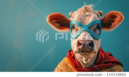 Cow Wearing Glasses and Red Cape 114318664