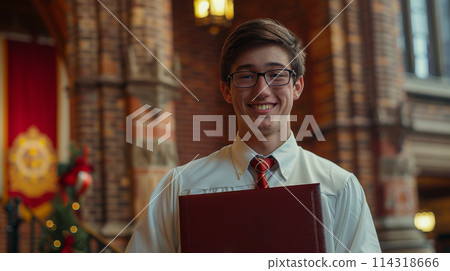 Young Man in Glasses and Tie Holding a Binder 114318666