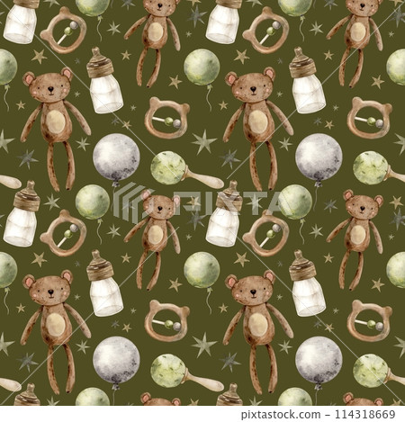 Children's watercolor drawing with a teddy bear, a bottle of milk, rattles, balloons on a green background. Isolated hand drawn illustration for children's interior, cards, stickers, textiles, design 114318669