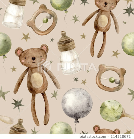 Children's watercolor drawing with a teddy bear, a bottle of milk, rattles, balloons on a beige background. Isolated hand drawn illustration for children's interior, cards, stickers, textiles, design 114318671