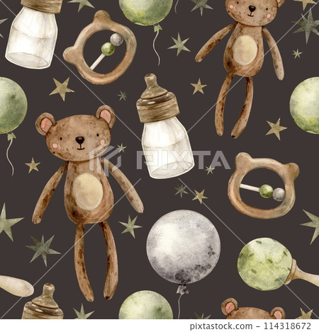 Children's watercolor drawing with a teddy bear, a bottle of milk, rattles, balloons on a brown background. Isolated hand drawn illustration for children's interior, cards, stickers, textiles, design Children's watercolor drawing with a teddy bear, a bottle of milk, rattles, balloons on a brown background. Isolated hand drawn illustration for children's interior, cards, stickers, textiles, design 114318672
