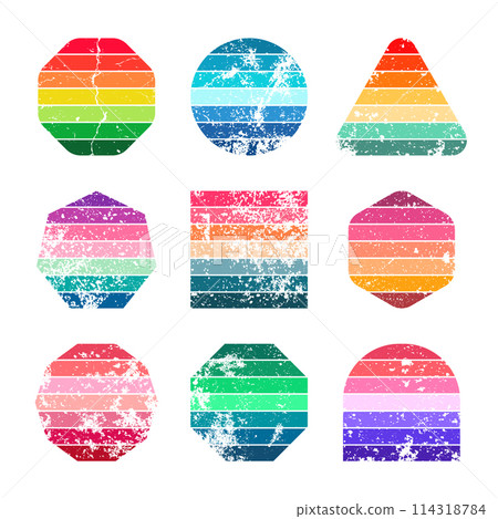 Grunge vintage sunset collection. Various colorful striped sunrise badges in 80s and 90s style. Sun and ocean view, summer vibes, surfing. Design element, print, logo or t-shirt. Vector illustration Grunge vintage sunset collection. Various colorful striped sunrise badges in 80s and 90s style. Sun and ocean view, summer vibes, surfing. Design element, print, logo or t-shirt. Vector illustration 114318784