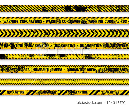 Old grunge quarantine zone warning tape. Novel coronavirus outbreak. Global lockdown. Yellow coronavirus danger stripe. Police caution line, restricted area. Construction tape. Vector illustration 114318791