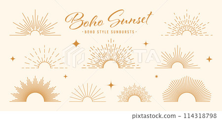 Vintage sunburst, sunset beams, half circle sunrise. Boho style, modern minimalist bohemian design. Hand drawn bursting sun, light rays. Lettering design element in retro style. Vector illustration Vintage sunburst, sunset beams, half circle sunrise. Boho style, modern minimalist bohemian design. Hand drawn bursting sun, light rays. Lettering design element in retro style. Vector illustration 114318798