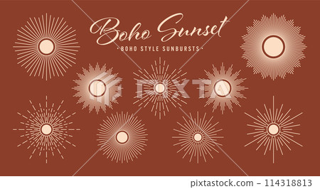 Vintage sunburst, sunset beams collection. Boho style, modern minimalist bohemian design. Hand drawn bursting sun, light rays. Logotype or lettering design element in retro style. Vector illustration Vintage sunburst, sunset beams collection. Boho style, modern minimalist bohemian design. Hand drawn bursting sun, light rays. Logotype or lettering design element in retro style. Vector illustration 114318813