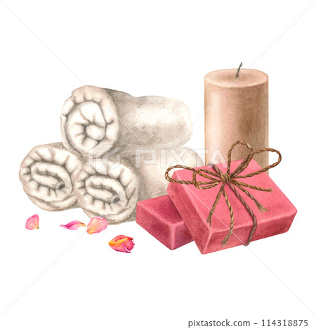 Rolled towels, a candle, natural soap and dry rose petals. Hand drawn watercolor illustration on isolated background. Spa items for bathroom, sauna. Used for brochure design for health resorts, spas. 114318875