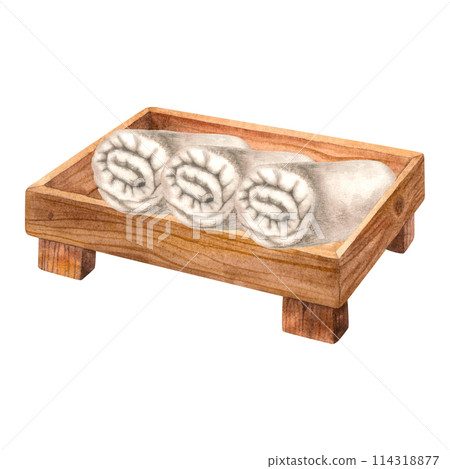 Neatly folded terry towels in a wooden tray . Hand drawn watercolor illustration on isolated background. Cotton spa towel for bath, sauna, beach. Used for the design of brochures for sanatoriums, spa. Neatly folded terry towels in a wooden tray . Hand drawn watercolor illustration on isolated background. Cotton spa towel for bath, sauna, beach. Used for the design of brochures for sanatoriums, spa. 114318877