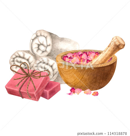Rolled towels, natural soap, wooden mortar with dry rose petals and pestle. Hand drawn watercolor illustration on isolated background. Spa items for bathroom, sauna. Used for health resorts, spas. Rolled towels, natural soap, wooden mortar with dry rose petals and pestle. Hand drawn watercolor illustration on isolated background. Spa items for bathroom, sauna. Used for health resorts, spas. 114318878