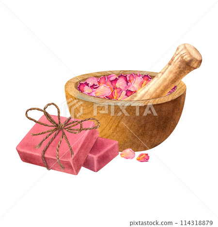 Wooden mortar with dry rose petals, pestle and natural soap. Hand drawn watercolor illustration on isolated background. Spa items for bathroom. Use for digital scrapbooking, labels, blogs, websites. 114318879