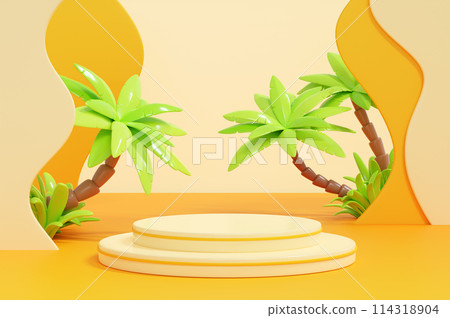 Summer sea beach 3d render yellow background with two stairs cylinder product podium and palm trees. Summertime seashore holiday sale and promotion banner with showcase. Seasonal goods pedestal stand. Summer sea beach 3d render yellow background with two stairs cylinder product podium and palm trees. Summertime seashore holiday sale and promotion banner with showcase. Seasonal goods pedestal stand. 114318904
