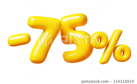 Balloon number minus seventy five percent sign for sale concept. 3d render illustration of yellow plastic glossy discount typography -75. Cartoon bubble element percentage off for special offer promo. Balloon number minus seventy five percent sign for sale concept. 3d render illustration of yellow plastic glossy discount typography -75. Cartoon bubble element percentage off for special offer promo. 114318919