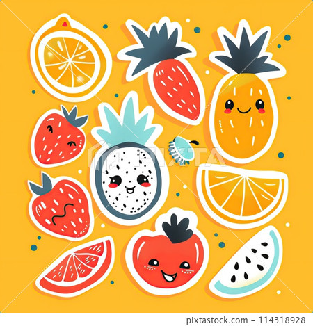 Funny fruit pattern or pin set with cute kawaii faces illustration 114318928