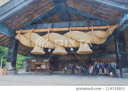 A group of tourists taking a commemorative photo in the Kagura hall at Izumo Taisha, one of Japan's oldest shrines, with the large shimenawa rope in the background (part of the photo was generated by AI) A group of tourists taking a commemorative photo in the Kagura hall at Izumo Taisha, one of Japan's oldest shrines, with the large shimenawa rope in the background (part of the photo was generated by AI) 114318931