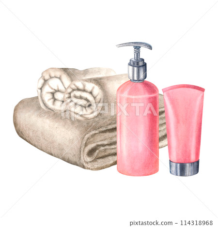 Plastic cosmetic bottle with dispenser airless pump, cosmetic cream tube, rolled up terry towel. Hand drawn watercolor illustration on isolated background. For scrapbooking, labels, blogs, websites. Plastic cosmetic bottle with dispenser airless pump, cosmetic cream tube, rolled up terry towel. Hand drawn watercolor illustration on isolated background. For scrapbooking, labels, blogs, websites. 114318968