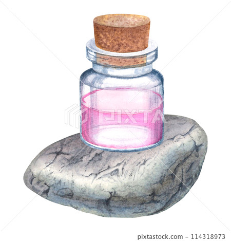 Glass bottle of rose water with wooden stopper over the stone. Hand drawn watercolor illustration of small vial and gray pebble. Flacon for aromatherapy treatment, Spa. For labels, blogs, websites. Glass bottle of rose water with wooden stopper over the stone. Hand drawn watercolor illustration of small vial and gray pebble. Flacon for aromatherapy treatment, Spa. For labels, blogs, websites. 114318973