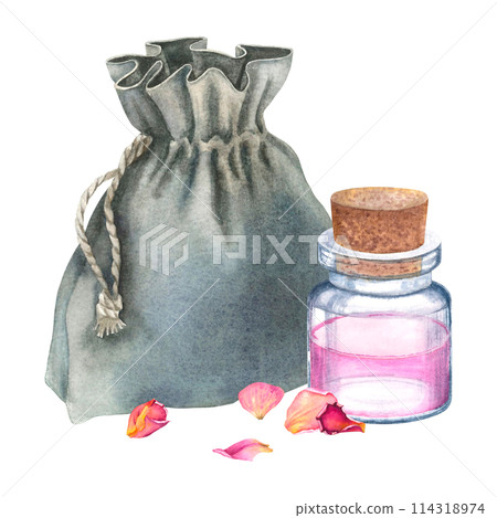Grey close fabric pouch tied with a rope glass bottle of rose water with wooden stopper and dried petals of a pink rose. Hand drawn watercolor illustration on isolated background. For resorts, spas. Grey close fabric pouch tied with a rope glass bottle of rose water with wooden stopper and dried petals of a pink rose. Hand drawn watercolor illustration on isolated background. For resorts, spas. 114318974