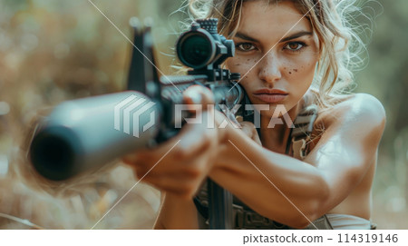Young Woman Holding Gun 114319146