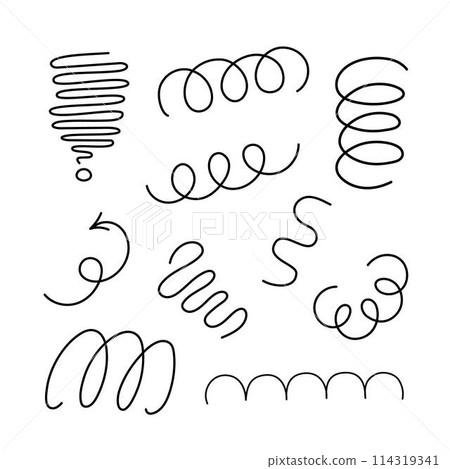 Abstract freeform curly doodle lines set simple hand drawn black monochrome vector illustration, wavy squiggle brush stroke shapes collection for party celebration decor, design elements 114319341