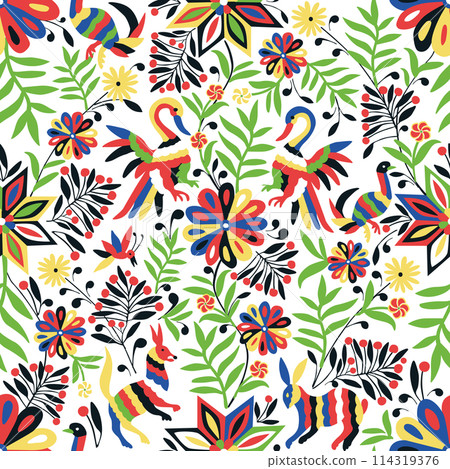 Seamless pattern with animal and floral ornament in the style of Mexican otomi embroidery Seamless pattern with animal and floral ornament in the style of Mexican otomi embroidery 114319376