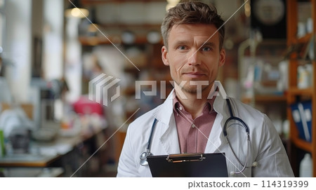 Man With Stethoscope Against Gray Background 114319399