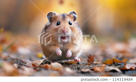 Hamster Standing on Log in Forest 114319484
