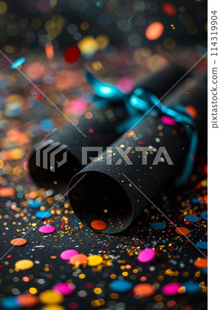 Graduation Cap on Pile of Confetti 114319904