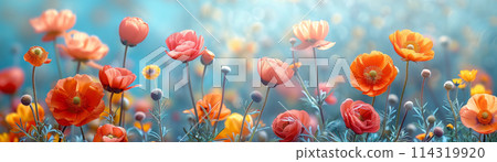 Colorful Flowers in Field Under Blue Sky 114319920