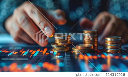 Person Stacking Coins in Front of Laptop 114319926