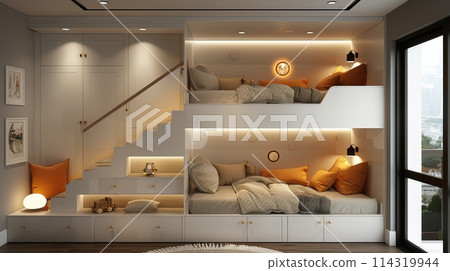 Bedroom With Loft Bed and Stairs 114319944