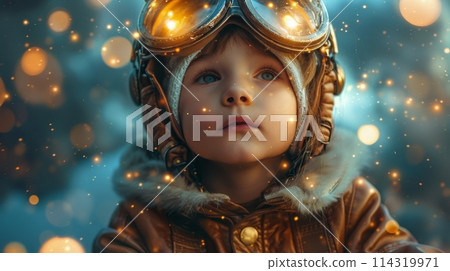 Little Boy Wearing Pilots Helmet and Goggles Little Boy Wearing Pilots Helmet and Goggles 114319971