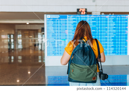 Redhead 30s Woman with backpack and camera looking at information board, rear view. Tourist journey trip concept 114320144