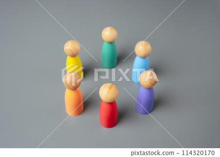 Multi-colored figures of people stand in a circle. Cooperation and unity of the LGBT+ community. Collaboration between members of the new team. Teamwork. 114320170