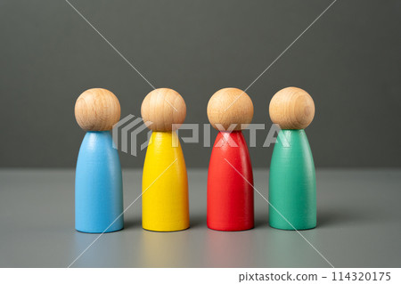 Multi-colored figures of people. Different personalities, interests and skills. Consumer groups, their preferences and purchasing power. Marketing and segmentation. 114320175