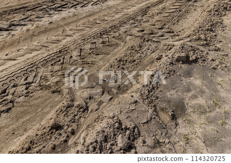 sandy road in a field with green grass 114320725