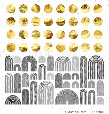 Mid century arch elements, modern geometric shapes. Gold foil, shiny handmade circles. Golden glittering texture, pattern. Contemporary design, minimalist art. Hand drawn lines. Vector illustration 114320818
