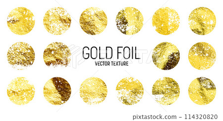 Grunge gold foil, shiny handmade circles. Golden glittering texture, pattern. Luxury shining hand drawn background. Wedding, greeting card decoration elements. Modern art. Vector illustration Grunge gold foil, shiny handmade circles. Golden glittering texture, pattern. Luxury shining hand drawn background. Wedding, greeting card decoration elements. Modern art. Vector illustration 114320820