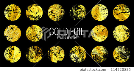 Grunge gold foil, shiny handmade circles. Golden glittering texture, pattern. Luxury shining hand drawn background. Wedding, greeting card decoration elements. Modern art. Vector illustration Grunge gold foil, shiny handmade circles. Golden glittering texture, pattern. Luxury shining hand drawn background. Wedding, greeting card decoration elements. Modern art. Vector illustration 114320825