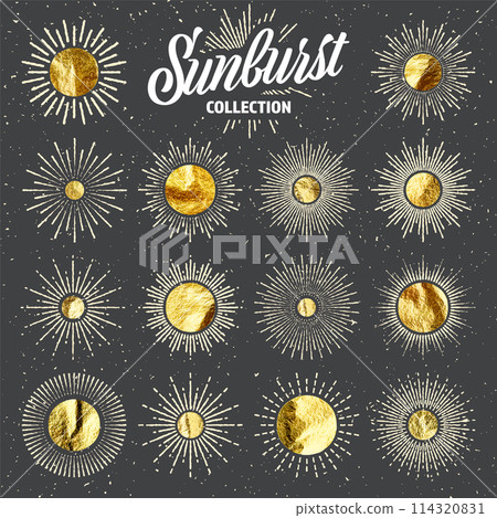 Vintage grunge sunburst sunset beams. Gold foil, shiny handmade circles. Golden glittering texture, pattern. Hand drawn bursting sun, light rays. Logotype, lettering, retro style. Vector illustration 114320831