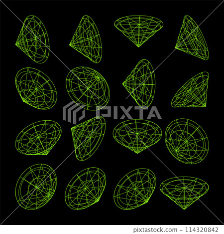 Wireframe lined shapes. Perspective mesh, 3d grid. Low poly geometric elements. Retro futuristic design elements, y2k, vaporwave and synthwave style. Vector illustration Wireframe lined shapes. Perspective mesh, 3d grid. Low poly geometric elements. Retro futuristic design elements, y2k, vaporwave and synthwave style. Vector illustration 114320842