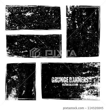 Grunge square frames, banners with stains and scratches. Brush stroke, rectangular shape design element. Distressed dirty text frame, border. Paintbrush, ink stains. Vector illustration Grunge square frames, banners with stains and scratches. Brush stroke, rectangular shape design element. Distressed dirty text frame, border. Paintbrush, ink stains. Vector illustration 114320845