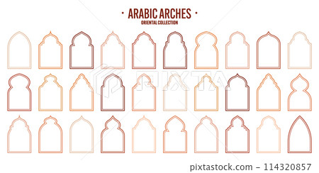 Islamic frames, oriental style objects. Arabic shapes, windows and arches. Traditional ornamental banner, frame. Muslim holidays, Ramadan Kareem. Modern eastern architecture. Vector illustration 114320857