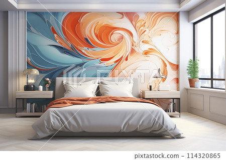 White bedroom interior with abstract painting on the wall White bedroom interior with abstract painting on the wall 114320865