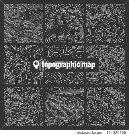 Topographic map with contour lines. Geographic terrain grid, relief height elevation. Ground path pattern. Travel and navigation, cartography design element. Vector illustration 114320866