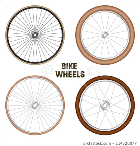 Realistic 3d retro bicycle wheels. Vintage bike rubber tyres, shiny metal spokes and rims. Fitness cycle, touring, sport, road and mountain bike. Vector illustration 114320877