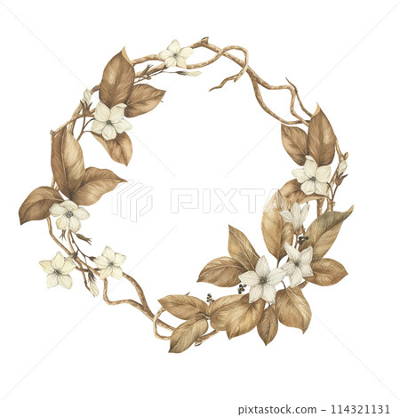 Watercolor flower wreath. Dried sepia hand drawn branches with flowers. Tobacco flowers Perfects for cards, invitations, packaging Watercolor flower wreath. Dried sepia hand drawn branches with flowers. Tobacco flowers Perfects for cards, invitations, packaging 114321131
