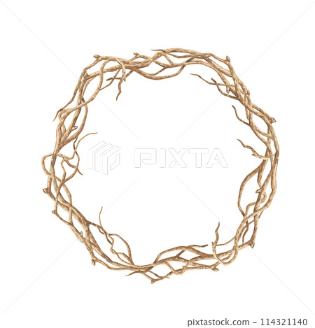 Watercolor flower wreath. Dried sepia hand drawn branches. Perfects for cards, invitations, packaging 114321140