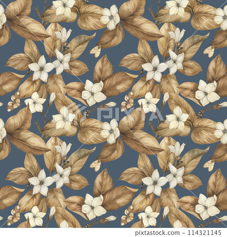 Watercolor flower pattern. Dried sepia hand drawn flowers, leaves and moths. Tobacco flowers. Seamless pattern for textile, packagimg paper, decor 114321145