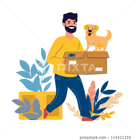 Man holding cardboard box with happy dog inside, a heartwarming illustration Man holding cardboard box with happy dog inside, a heartwarming illustration 114321358